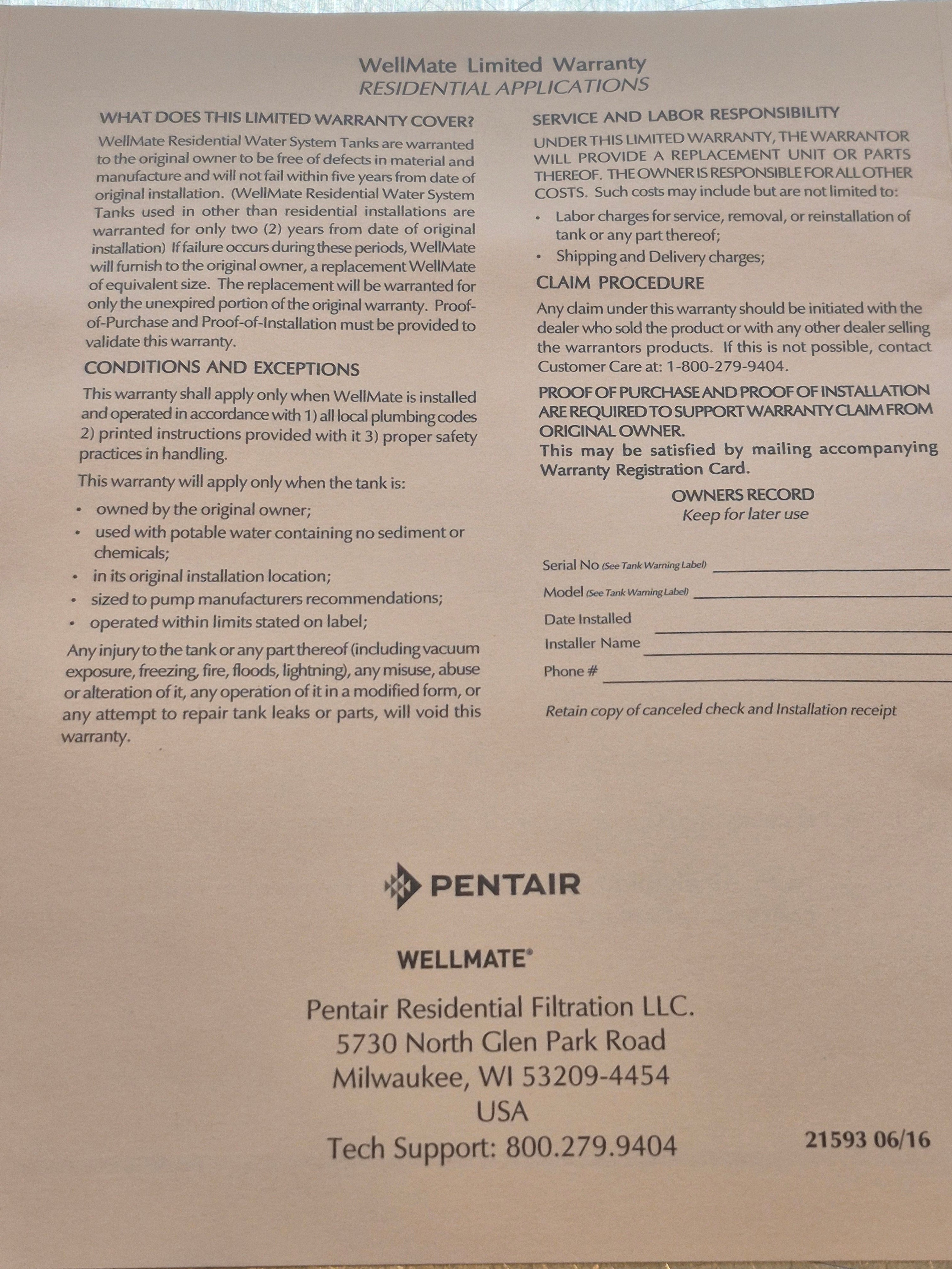 Pentair WellMate WM-23 Quick Connect 80 Gallon Fiberglass Well Tank
