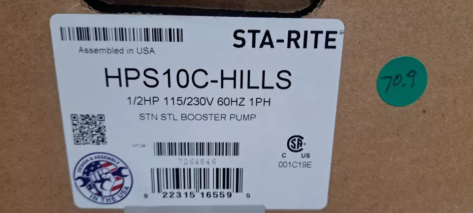 WellMate Pentair HPS10C-HILLS Stainless Steel Booster Pump 1/2HP 120/230